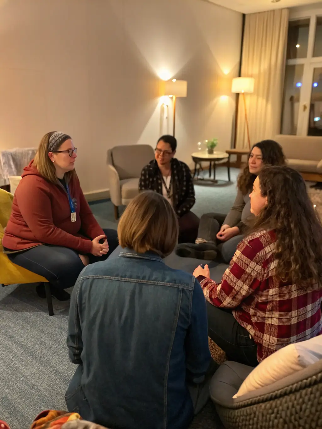 A photograph of a small, supportive group of people engaged in a guided discussion, symbolizing group counseling for shared experiences and support, for Dr. Nova Day's website.