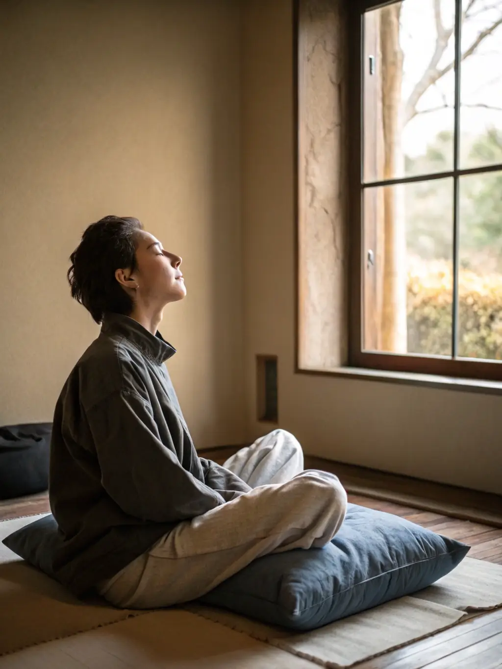 An image of a person meditating peacefully in a sunlit room, symbolizing anxiety relief, with calming colors and a focus on inner peace.