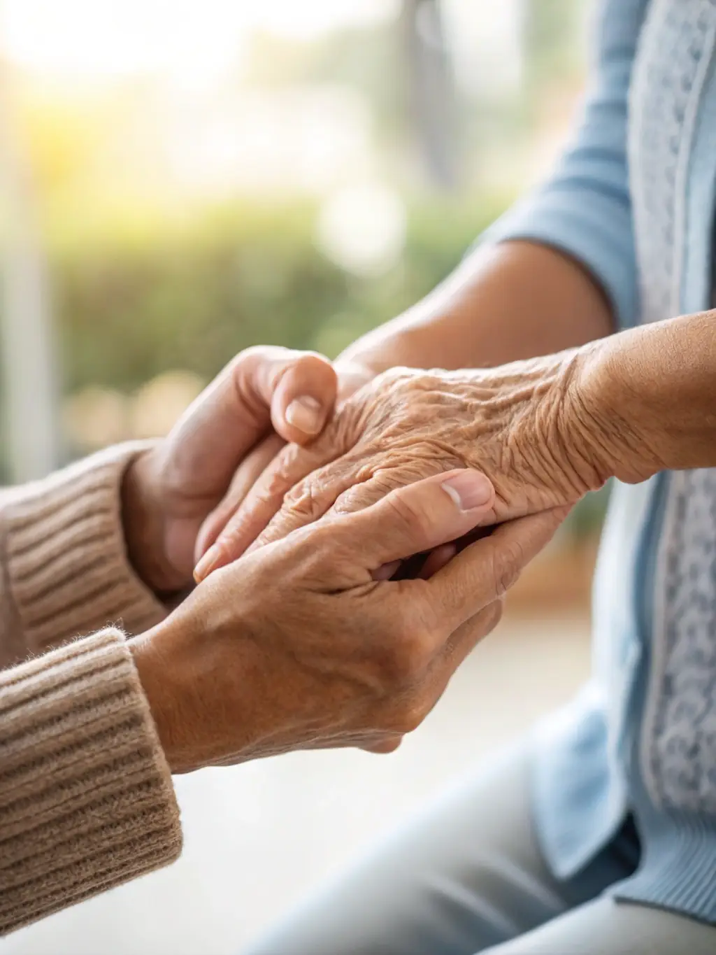 A comforting image of a gentle hand holding another, symbolizing grief support, with a soft, empathetic color scheme.